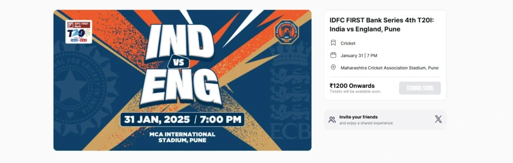 India Vs England 4th T20 Pune Tickets Live