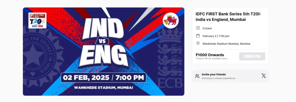 India Vs England 5th T20 Tickets At Mumbai